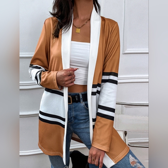 Color Wave Open Front Cardigan - Caramel - Picture 3 of 5